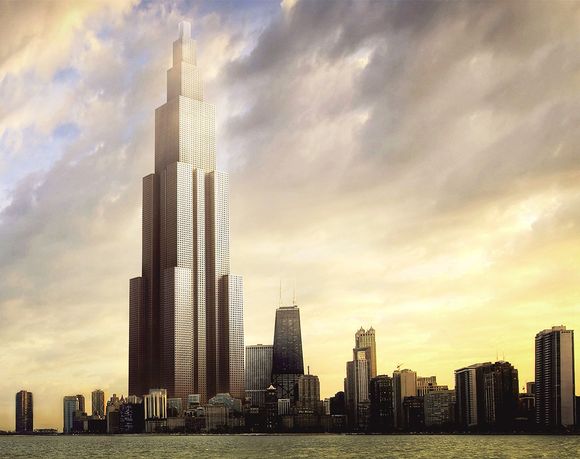 Slik har Broad visualisert Sky City om den skulle vært plassert langs skylinen i Chicago.