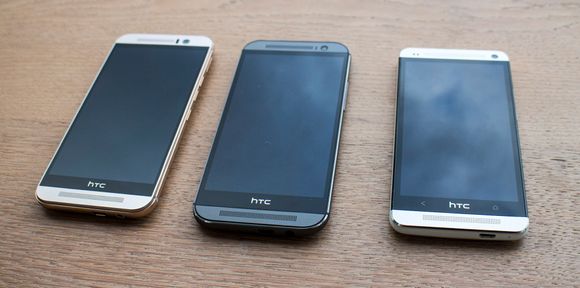 Tre generasjoner: Det er ikke mye som skiller utseende på HTC One M7, 8 og 9. Den største forskjellen i fronten er kanskje at det såkalte ultrapikselkameraet på 4 MP er degradert til selfiekamera. 4 MP foran er mer enn godkjent, spesielt når dette kameraet også kan skilte med vesentlig større areal på hvert piksel som gir uovertrufne egenskaper i dårlig lys.