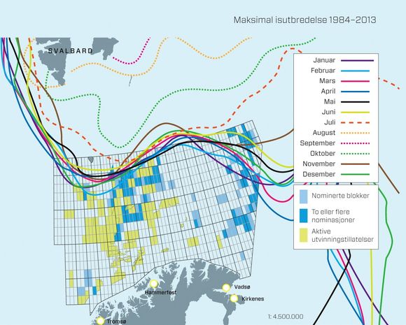 Kartet over Barentshavet viser hvor langt isen beveger seg gjennom årets 12 måneder. Oversikten er basert på meteorologiske data fra de siste 30 årene. Flere av blokkene Olje- og energidepartementet foreslår i 23. konsesjonsrunde ligger innenfor denne sonen store deler av året, noe som bekymrer miljøvernere og sikkerhetseksperter. Kilder: Oljedirektoratet og Polarinstituttet