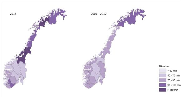 Kartene viser fylkesvis fordeling av gjennomsnittlig gjenopprettingstid per langvarige avbrudd. Kartet til venstre er for 2013, kartet til høyre er for perioden 2005-2012.