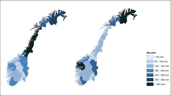 Kartene viser avbruddsvarigheten per sluttbruker. Kartet til venstre er for 2013, kartet til høyre er for perioden 2005-2012.