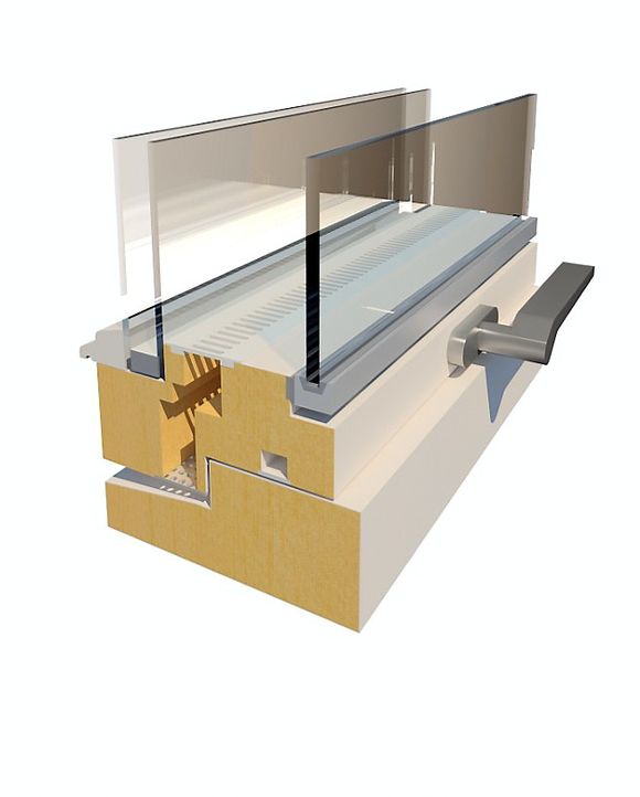 Ventilasjonssystemet er festet mellom to glass i midten av vinduet.