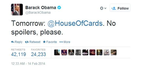 USAs president Barack Obama ber Twitter-samfunnet om å ikke avsløre handlingen i House of Cards. Han er sannsynligvis en av mange opptatte mennesker som ikke rekker å se en hel sesong på en dag.