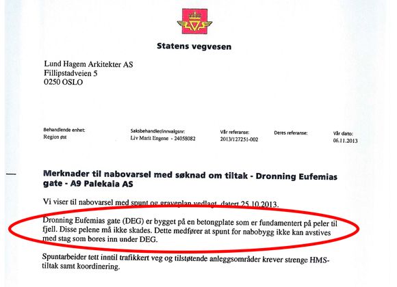 I merknadene til naboenes prosjekter langs Dronning Eufemias gate er Statens vegvesen påpasselig med å understreke at pælene deres ikke må skades.