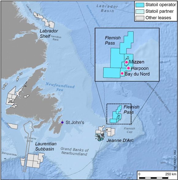 Kartet viser Flemish Pass, utenfor kysten av Newfoundland i Canada, hvor Statoil i fjor gjorde et oljefunn påmellom 300-600 millioner fat utvinnbar olje i Bay du Nord.