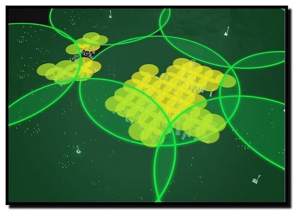 Illustrasjonen angir hvordan 4G-signaler (gule felt) i høye frekvensområder trenger flere basestasjoner enn 2G- og 3G-nettet (grønne felt) for å dekke et område.