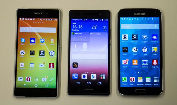 Konkurrentene: Sony Z2 og Samsung S5 er et par av de Ascend P7 (i midten) skal få bryne seg på.