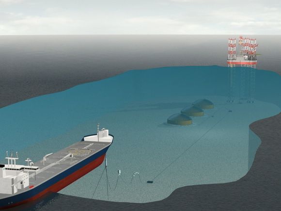 Loading: A shuttle tanker arrives in the field and fishes up the buoy which is attached to the subsea oil storage unit. Illustration: Kongsberg Oil and Gas Technologies