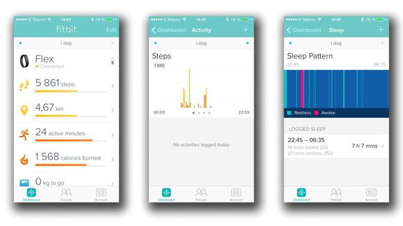 Fitbit-appen. Fra venstre hovedmenyen, stegoversikten og søvnoppsummeringen.
