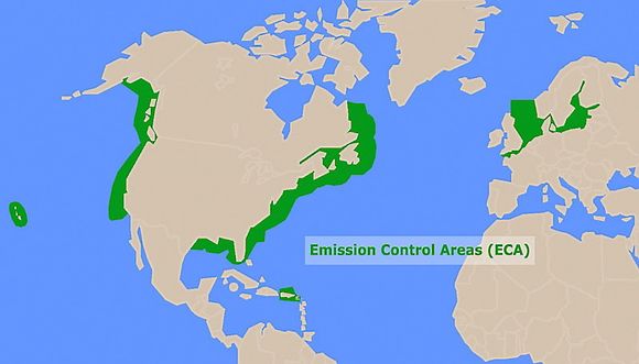 ECA: Emission Control Area. Omfatter Nordsjøen, Østersjøen og  USA( 24 nautiske mil utenfor kystene samt rundt Hawaii og Puerto Rico.