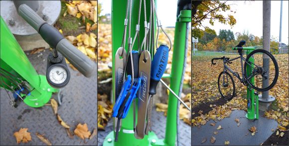 Sykkelpleieren har en sykkelpumpe med trykkmåler, og 8 forskjellige verktøytyper.