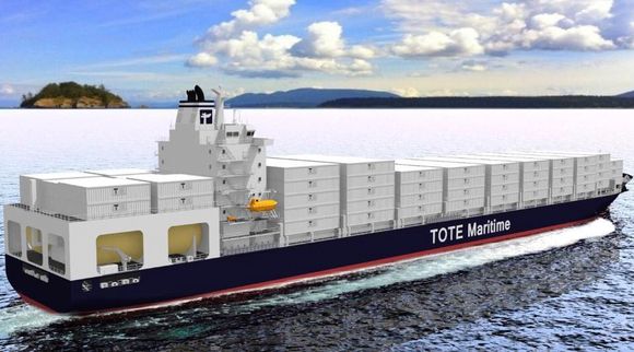 Plass: Gasstankene i akterenden tar opp noe av lastekapasiteten på de nye 3.100 TEU-skipene til Tote Inc.