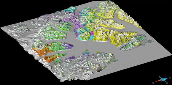 Topografimodell av Adventdalen. med de eksisterende brønnene som man håper kan brukes til å undersøke berggrunnen for geotermisk energi.