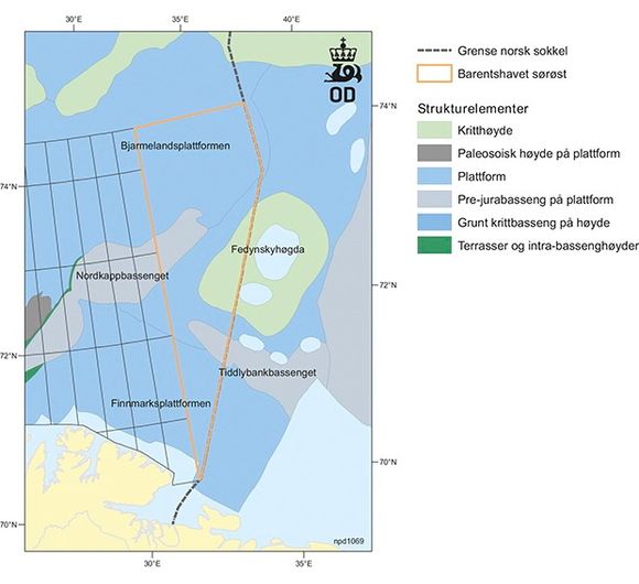 Her er de geologiske strukturene i den sørøstlige delen av Barentshavet inn mot delelinjen.