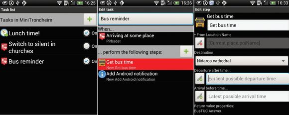 Skjermdumper fra UbiComposer for Android viser tre forskjellige trinn i en komponeringsprosess.