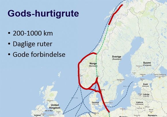 Godsfergen kan betjene strekningen langs nordkysten av Norge fra Østfold til Trondheim, og fra Bodø og nrodover. Den vil også kunne gå fra Polen via Danmark og Sverige.
