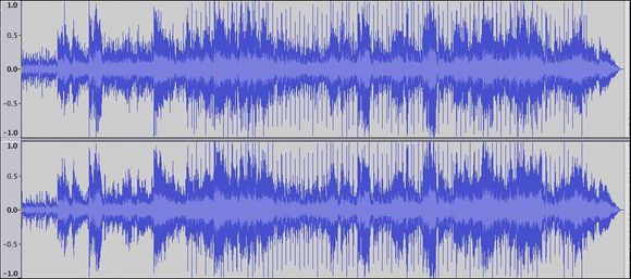 Bilde 2.  Her er «The closest thing to Crazy» med Katie Melua. Her er det masse å gå på når det gjelder dynamikk (avstanden fra signalet og til verdien 1.0 ). Det låter fint, og det gjør det også selv om den blir avspilt i MP3 fra 192 kbps og oppover.