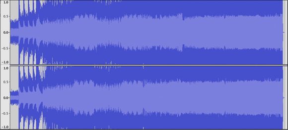 Bilde 1. «The day that never comes» av Metallica ( Fra Death Magnetic ) låter fryktelig også på CD, og kan lett forveksles med en hardt komprimert MP3-fil. Svaret på hvorfor ser du her. Her er det digital klipping omtrent hele veien.