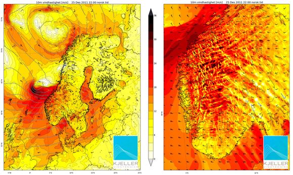 Dagmar blåste sterkest på Vestlandet. Kartene viser vindhastigheten  25. desember klokken 22.00, fra lyst til mørkt  i meter per sekund.