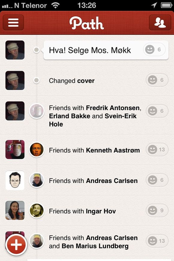 Maks 150 venner Slik ser den personlige feeden ut på Path for iPhone.