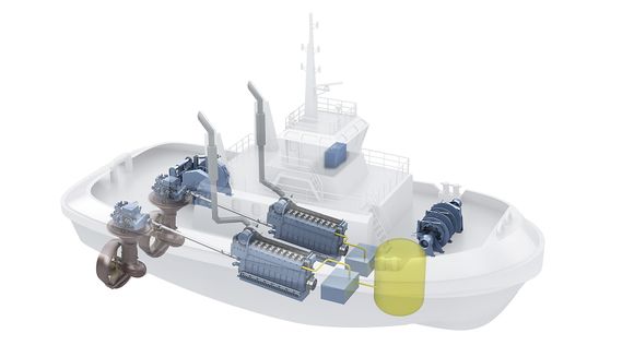 Kårstø og Kina: Rolls-Royce skal levere de to LNG-motorene, framdriftssystem og annet utstyr til de to taubåtene CNOOC har bestilt. Denne illustrasjonen ble laget for Buksér og Berging-leveransen.