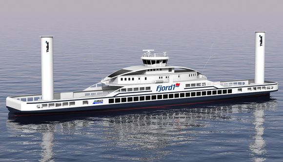 HYBRID: Konseptfergen til Fjord1 for E39 Lavik-Oppedal med Flettner-rotorene som mest oppsiktsvekkende. Design: Multi maritime.