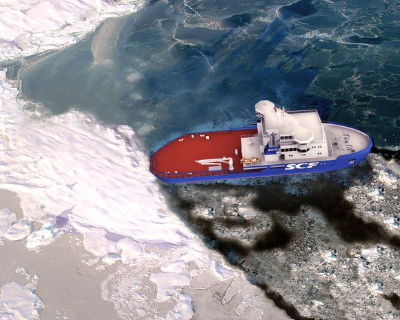 OPPSAMLING: Ved et oljeutslipp i arktiske strøk med is står man ovenfor utfordringer ved oppsamling. Her er et STX-fartøy som skal samle opp olje i isbealgte farvann. Det er et kombinert isbryter og oljevernfartøy for russisk gruppering.