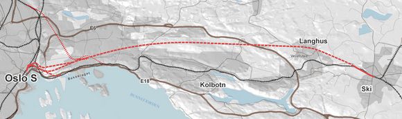 NYE FOLLOBANEN: Skisse over hvor det nye dobbeltsporet mellom Oslo og Ski skal gå. Reguleringsplanen for den delen av Follobanen som er i Oslo kommune (fra Oslo S gjennom Middelalderparken og inn i tunnel under Ekebergåsen) legges ut på høring 6. august. FOTO: Jernbaneverket