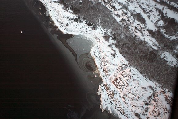 Oljen drev i land ved Sandø i Vestfold lørdag. Oljen i dette området er så tjukk at Kystverket har satt ut en lekter med gravemaskin for å hente opp oljen. Foto: Kustbevakningen.se / Scanpix