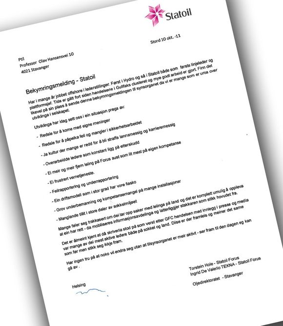 – Arbeidsmiljøundersøkelsen viktig Bekymringsmeldingen som ble sendt Petroleumstilsynet fra en plattformsjef i Statoil.