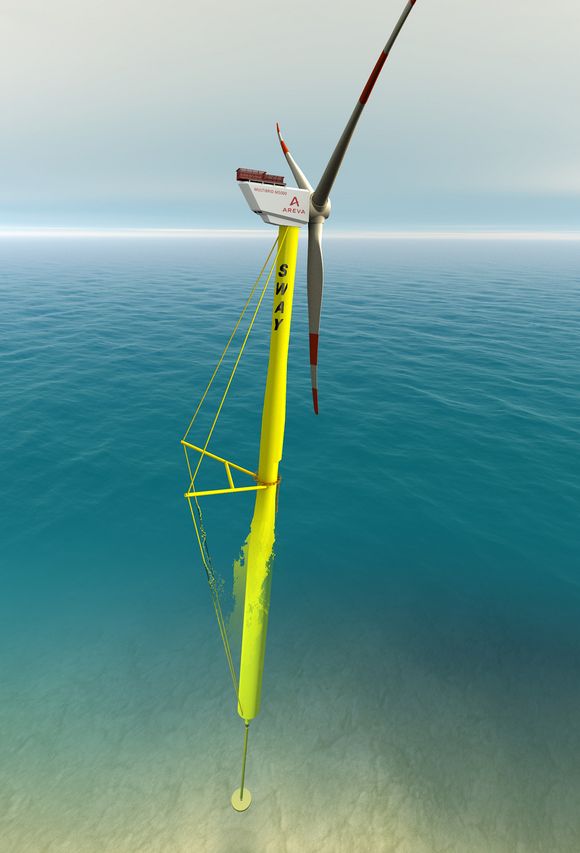 FLYTENDE TURBIN: Sways flytende vindturbin benytter et strekkstagsystem for å forsterke tårnet, på lignende måte som vaierstag på en seilbåt, slik at en vesentlig større turbin enn vanlig kan brukes.