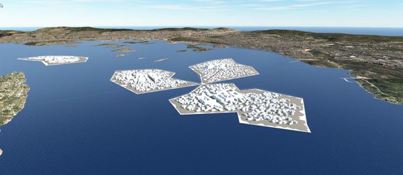 Forslaget går ut på å etablere tre øyer i Bunnefjorden og én utenfor Nesoddtangen.