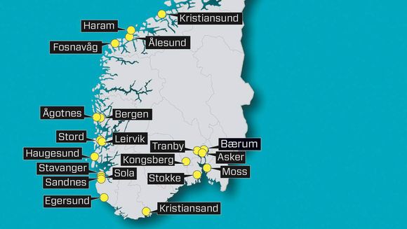 Kommuner, byer og tettsteder en rekke steder i Norge har merket nedbemanningene i oljeindustrien. Kartet viser et utvalg av steder der folk har mistet jobben.