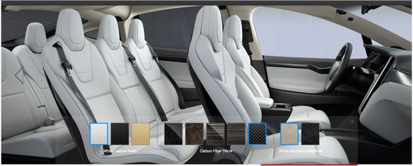 Hvite skinnseter er et valg som foreløpig er eksklusivt for Model X. Skinnsetene til Model S kan kun fås i grå, svart og brun.