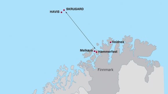 Johan Castberg-feltet, hvor oljefunnene Skrugard og Havis inngår, ligger ca. 240 km fra Hammerfest.