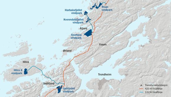 Her er de seks vindparkene som nå skal bygges ut i Midt-Norge. Hydro skal kjøpe rundt en tredjedel av den kommende vindkraftproduksjonen. <i>Foto: Statkraft</i>