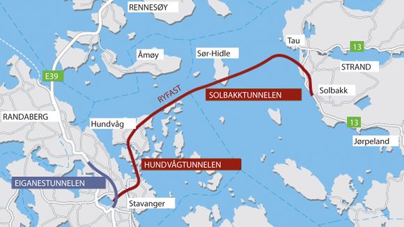 Ryfast-prosjektet består av tre tunneler. Fastlandsforbindelsen mellom Ryfylke og Stavanger-regionen har en prislapp på 6,4 milliarder kroner. I tillegg kommer Eiganestunnelen, som er en del av ferjefri E 39 til 2,9 milliarder kroner. <i>Foto: Eirik Helland Urke</i>