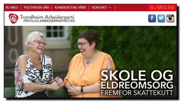 Bannerinformasjon på toppen av nettsiden til Trondheim Ap inneholder kun bilder uten separat tekst og er dermed ikke like inkluderende som det politiske budskapet. <i>Bilde: Skjermbilde</i>