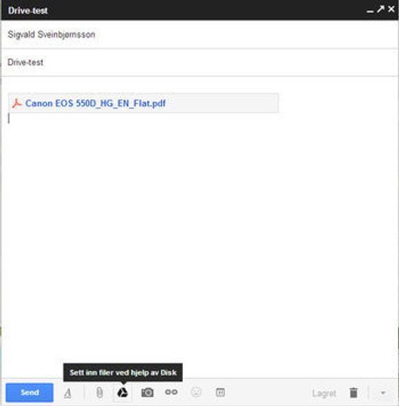 Deling av filer fra Google Drive (Disk) via den nye dialogen for ny e-post i Gmail. <i>Bilde: digi.no</i>