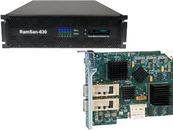 RamSan-630 mer nærbilde av det nye Infiniband-kortet som det er plass til fem av i SSD-enheten.