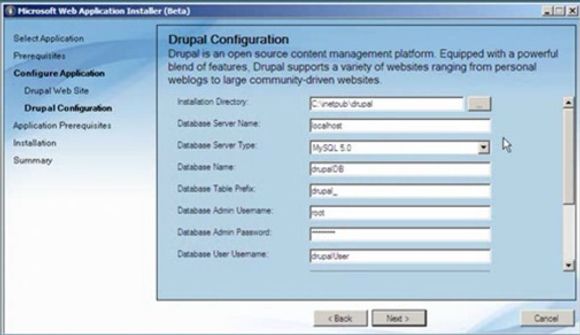 Microsoft Web Application Installer - installasjon av Drupal