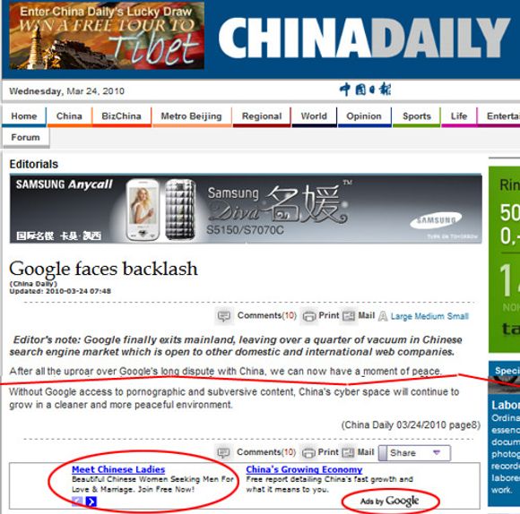 Det offisielle talerøret China Daily gleder seg over mindre pornografi når Google legger ned søketjenesten, samtidig som de gjerne kjører Google-annonser med et kanskje tvilsomt budskap.