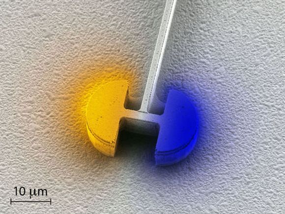 Den sentrale delen av den nye mikrolaseren er den elektriske resonatoren. Den består av to halvsirkelformede kondensatorer som er forbundet via en induktor. Fargeintensiteten representerer styrken på det elektriske feltet, mens selve fargen representerer polariteten. <i>Bilde: ETH Zurich</i>