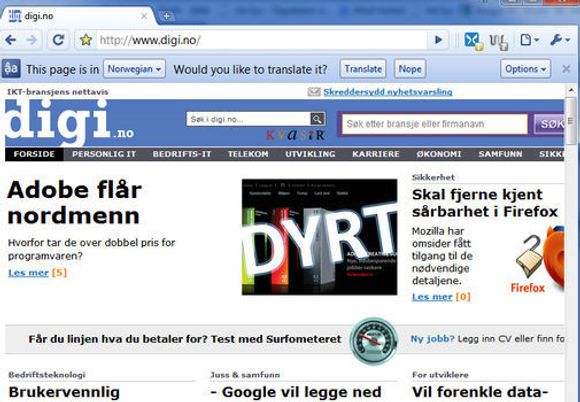 En engelskspråklig versjon av Google Chrome spør om en norskspråklig webside skal oversettes.