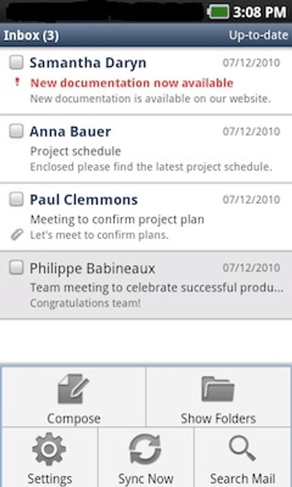 Lotus Notes Traveler for Android. Menyen vises nederst.