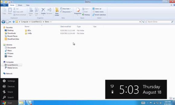 Et førsteinntrykk av hvordan Windows 8 ser ut på dagens stadium. Primært vises oppgavelinjen, Windows Explorer og en del av startmenyen. <i>Bilde: Microsoft</i>