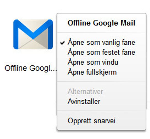 Offline Gmail startes fra siden som vises når man åpner en ny fane i Google Chrome