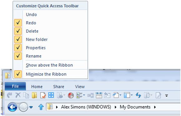 Quick Access Toolbar i Windows 8 Explorer, med konfigureringsmeny og minimalisert ribbon. <i>Bilde: Microsoft</i>