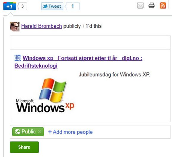 Eksempel på hvordan +1-knappen snart vil knyttes tettere til Google+.