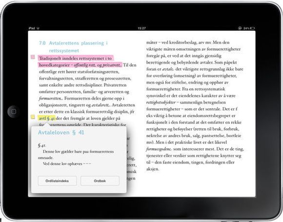 Skjermbilde av iPad utgaven til en av Gyldendals fagbøker innen jus. <i>Bilde: Gyldendal</i>